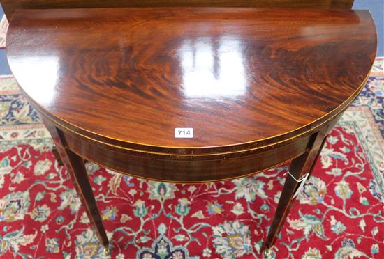 A pair of mahogany inlaid D shaped card tables, (one George III, one modern) W.90cm